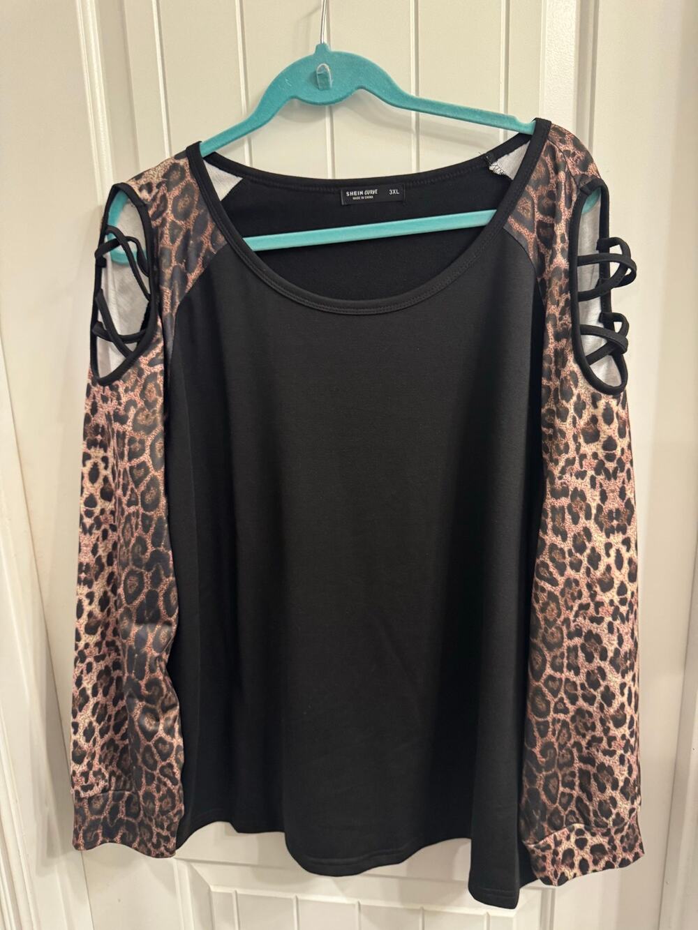 Shein 3X (18) Black Leopard Print Cold Shoulder Top
